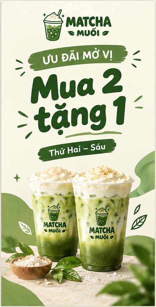 Poster khuyến mãi mẫu Matcha Muối: Mua 2 tặng 1, thứ Hai đến thứ Sáu